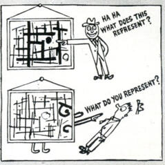 man points at painting asks "ahah what does this represent?" painting points back "what do you represent?"