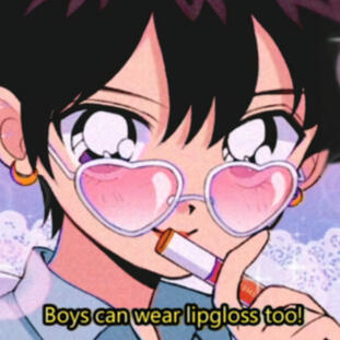 a man in an anime style. the subtitle reads "boys can wear lipgloss too!"