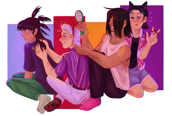kaiji, akagi, ten, and mamiya sitting in a line doing each other's hair