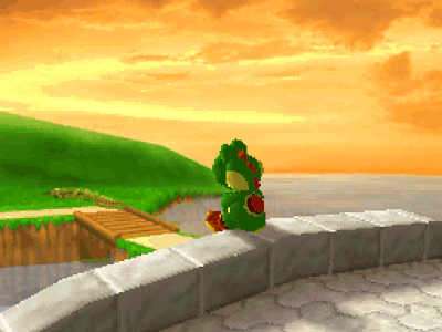 yoshi bouncing his legs looking at a sunset
