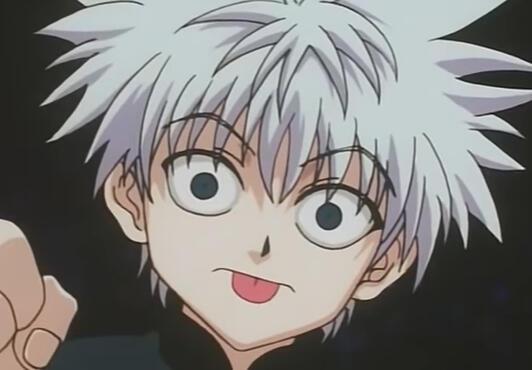 killua sticking his tongue out with wide eyes